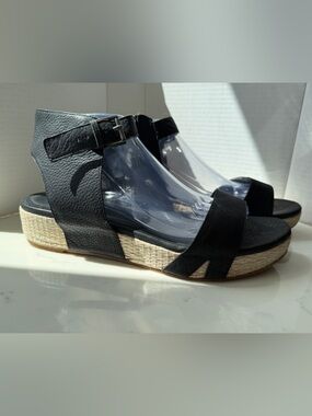 Black EILEEN FISHER Espadrille Wedge leather Sandals size 11